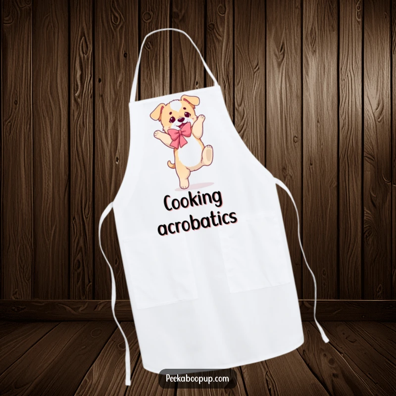 Funny apron with a puppy in a fluffy bow, mid-somersault, looking endearingly clumsy.
