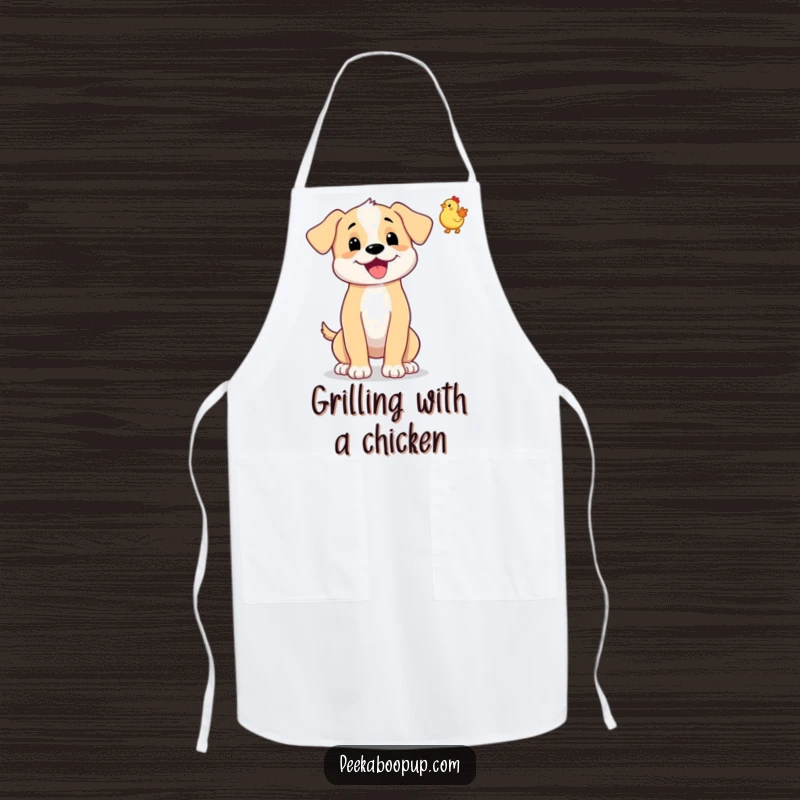 Funny apron with a wagging puppy tossing a tiny rubber chicken. Great for kitchen fun.