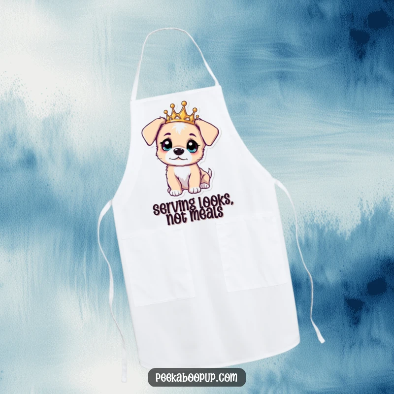 Funny apron with a curious puppy wearing a tiara, looking up expectantly. Great for kitchen fun.