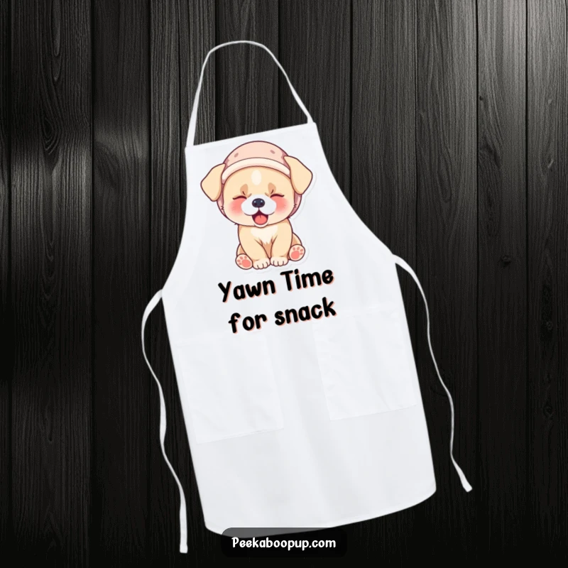 Funny apron showing a sleepy puppy in a small velvet hat, yawning adorably while ready for kitchen duties.