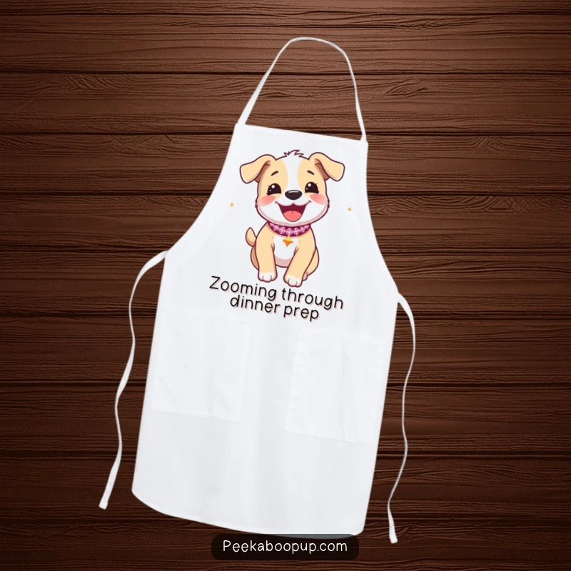 Funny apron with a joyous puppy in a sparkly collar, in the midst of an excited zoomie.