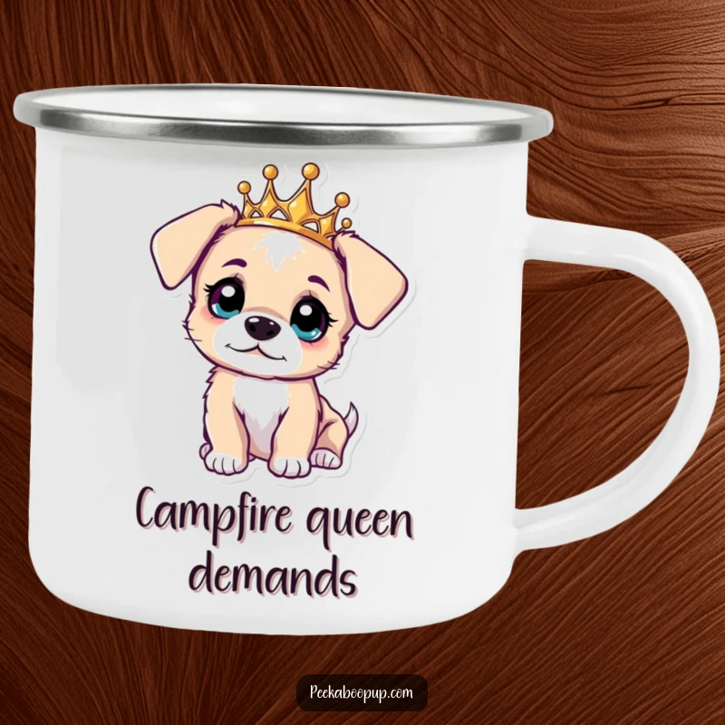 Funny camping mug with a curious puppy wearing a tiara, looking inquisitively. Great for outdoor enthusiasts.