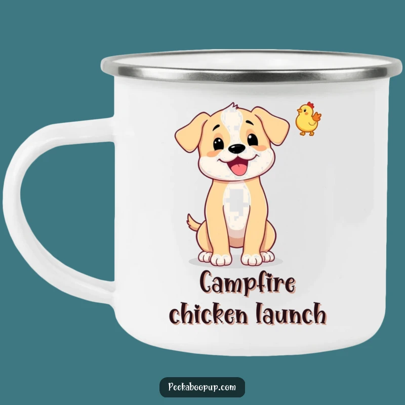 Funny Puppy Rubber Chicken Toss Camping Mug - Playful Outdoor Gift