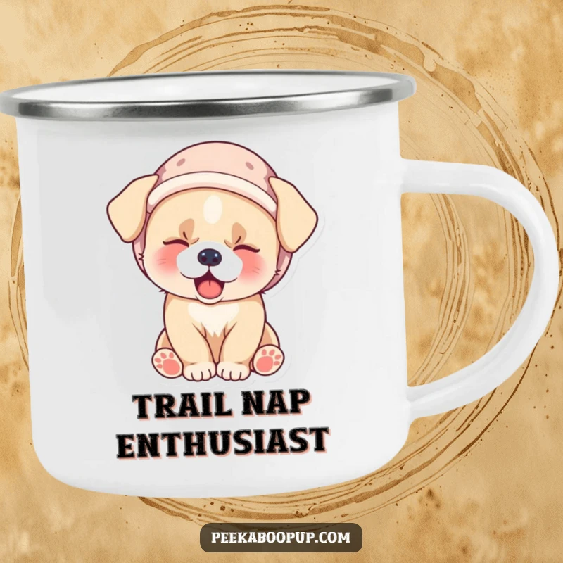 Funny camping mug with a sleepy puppy in a miniature velvet hat, yawning adorably, ideal for outdoor use.