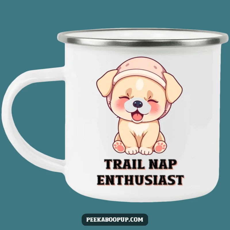 Funny Puppy Camping Mug - Sleepy Yawn Dog in Velvet Hat, Outdoor Funny Gift