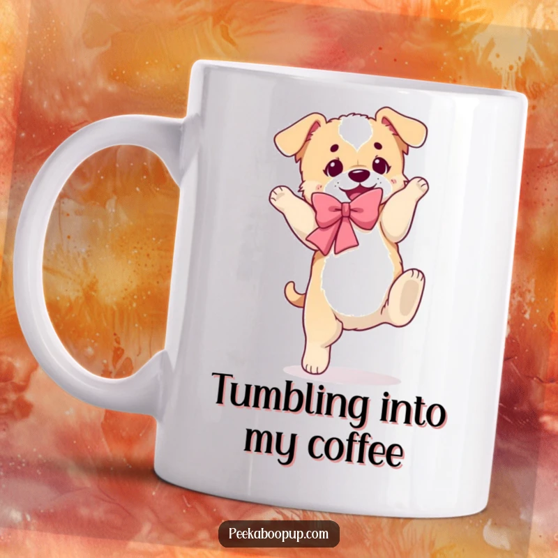 Funny mug featuring a puppy in a fluffy bow attempting a clumsy somersault, looking endearingly awkward.