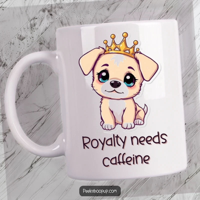 Funny mug featuring a cute puppy wearing a sparkling tiara, tilting its head with wide, curious eyes.