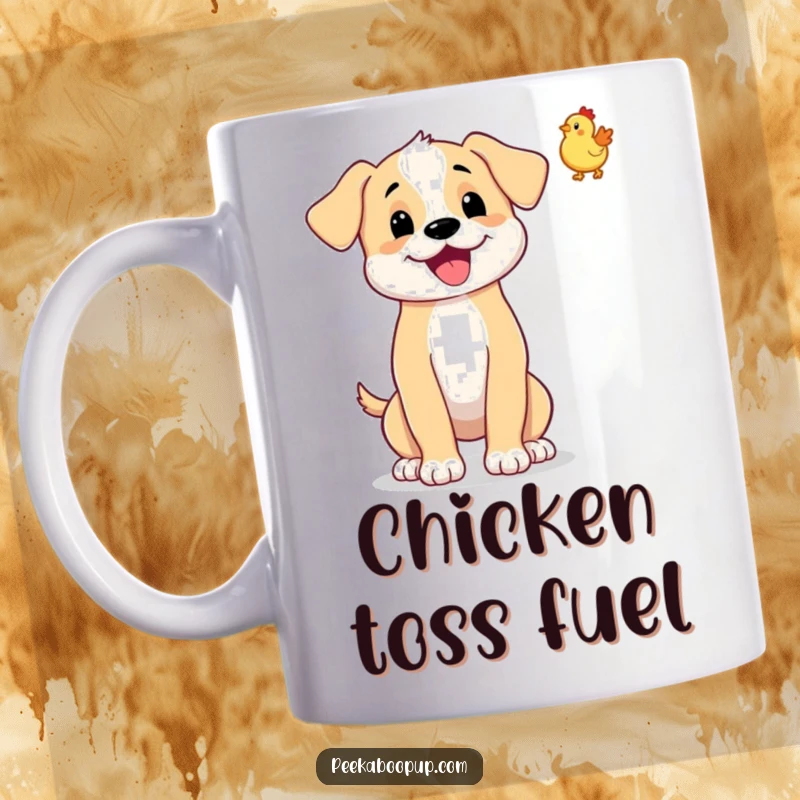 Funny mug featuring a happy, wagging puppy tossing a tiny rubber chicken in the air.