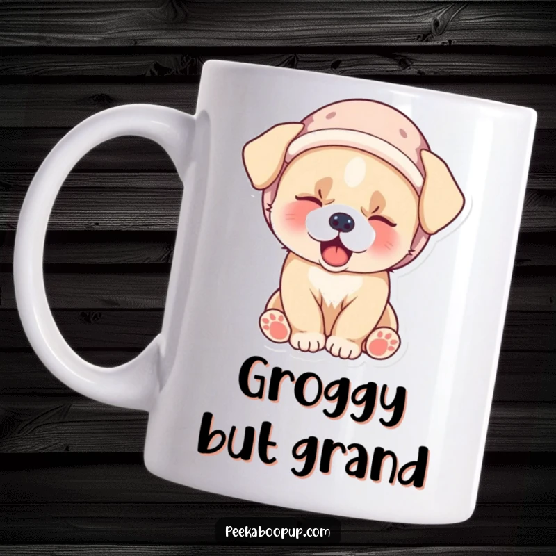Funny mug featuring a cute, sleepy puppy wearing a tiny velvet hat and yawning widely, expressing adorable morning fatigue.