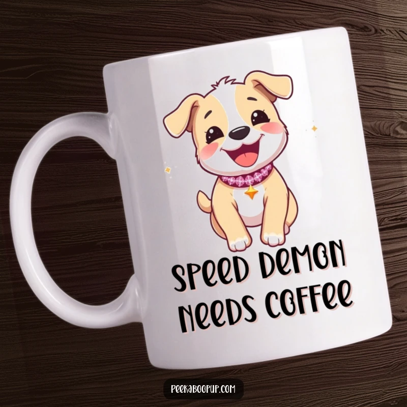 Funny mug featuring an ecstatic puppy with a sparkly collar mid-zoomie, full of pure joy.