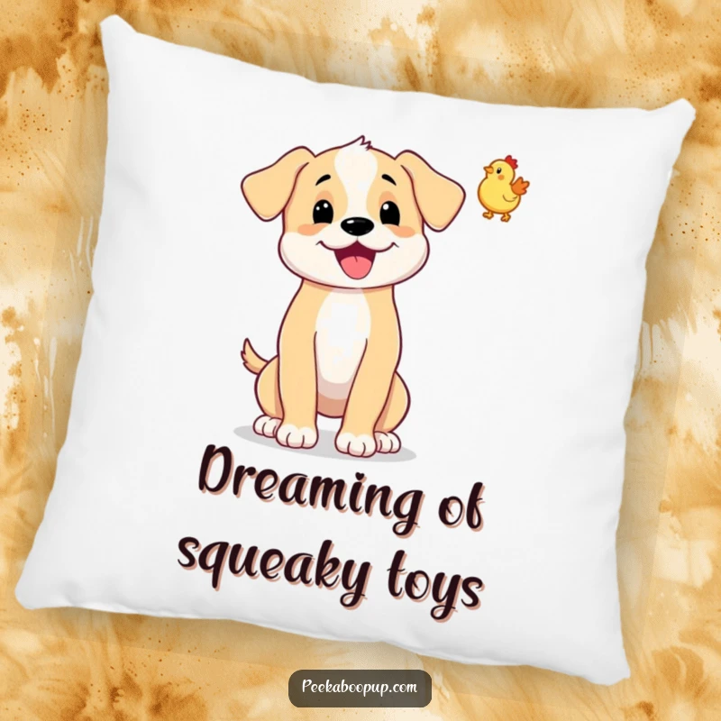 Funny pillow depicting a wagging puppy tossing a tiny rubber chicken in the air. Soft and cuddly.