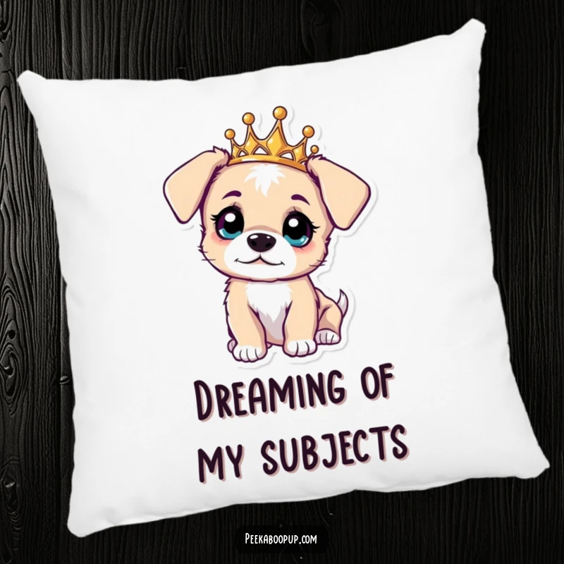 Funny pillow showing a curious puppy donning a tiara, head tilted, with captivating, wide eyes.
