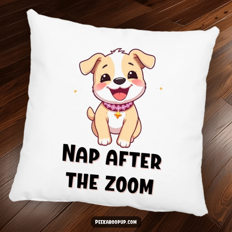 Funny pillow depicting a joyous puppy wearing a sparkly collar, captured during a happy zoomie.