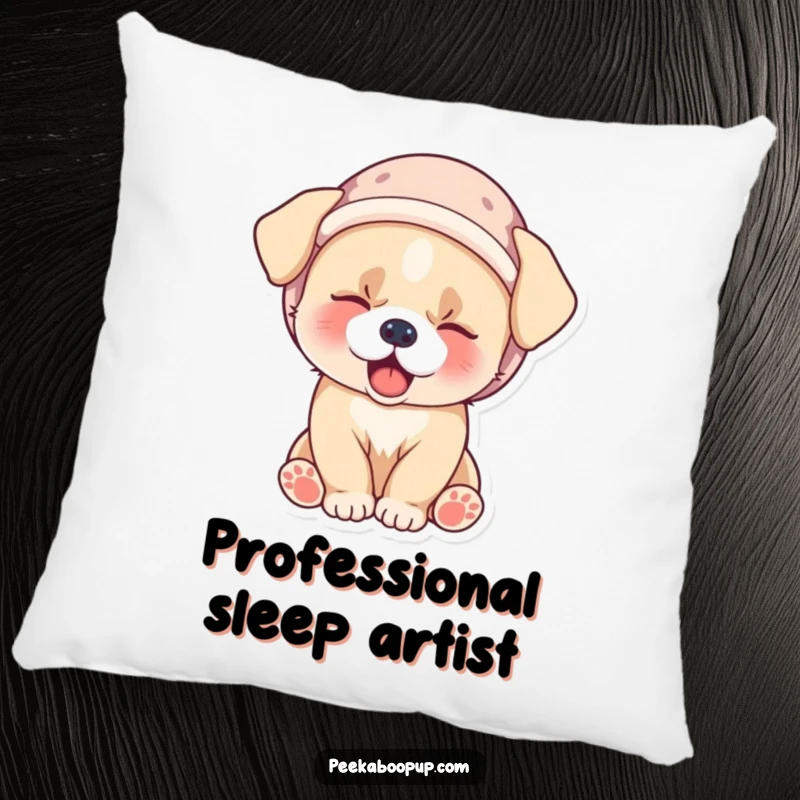 Funny pillow featuring a very cute and sleepy puppy wearing a miniature velvet hat, yawning delightfully.