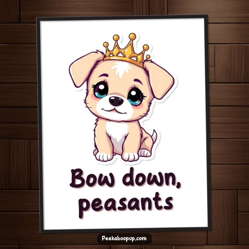 Funny digital art print of a curious puppy wearing a tiara, head tilted, with wide eyes.
