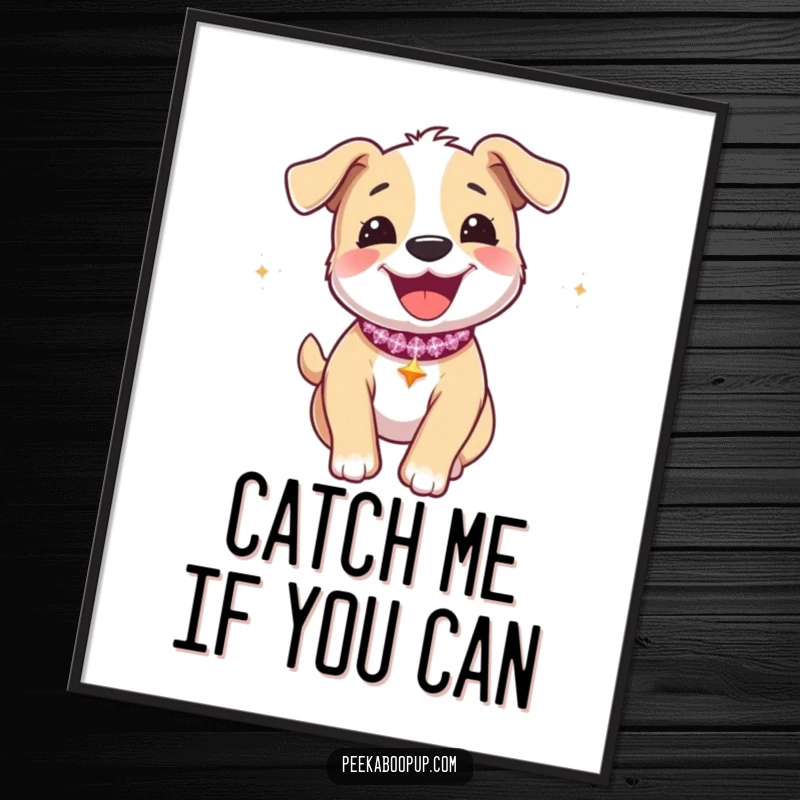 Funny digital art print of a joyous puppy with a sparkly collar, captured mid-zoomie.