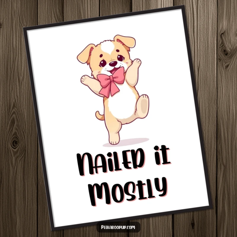Funny digital art print of a puppy with a fluffy bow, performing a clumsy somersault.