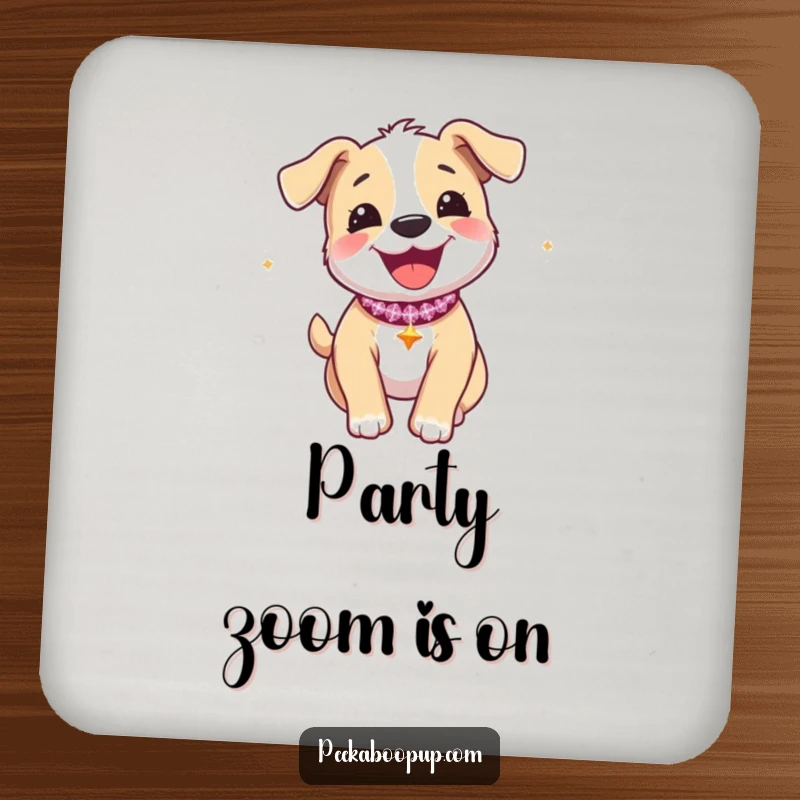 Funny drink coaster featuring a joyous puppy with a sparkly collar, caught mid-zoomie.
