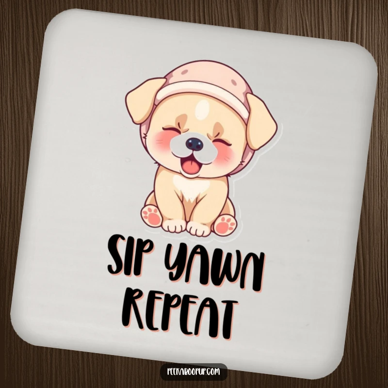 Funny drink coaster showcasing a sleepy puppy wearing a tiny velvet hat and yawning adorably, protecting surfaces.