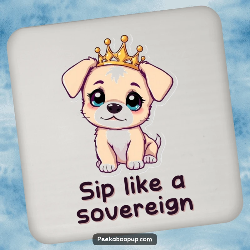 Funny drink coaster featuring a curious puppy wearing a tiara, looking up adorably. Protects surfaces.