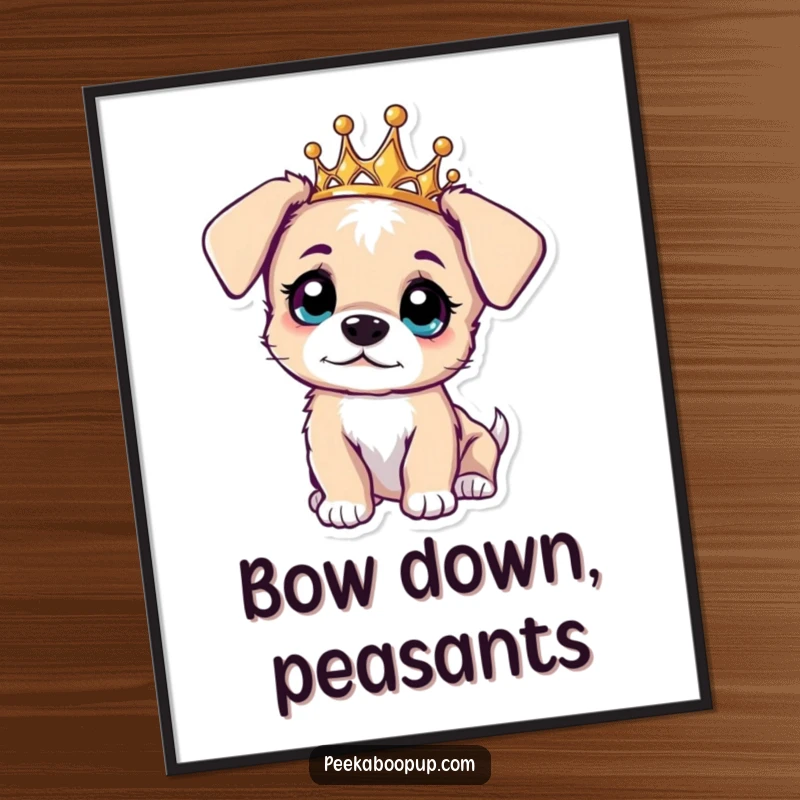 Funny poster featuring a curious puppy wearing a tiara, head tilted, with big, innocent eyes.