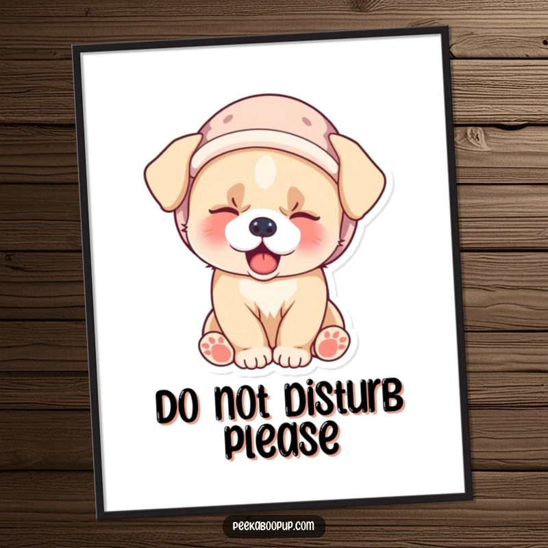Funny poster print of a cute, sleepy puppy wearing a tiny velvet hat and yawning adorably, perfect for wall decor.