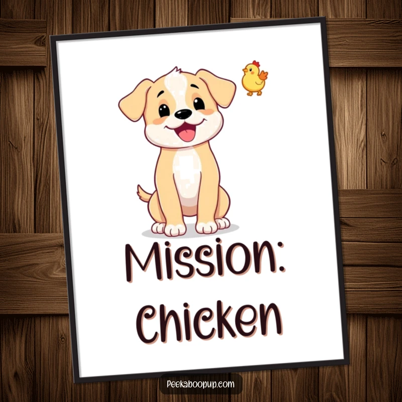 Funny poster of a happy, wagging puppy tossing a tiny rubber chicken mid-air. Great wall decor.