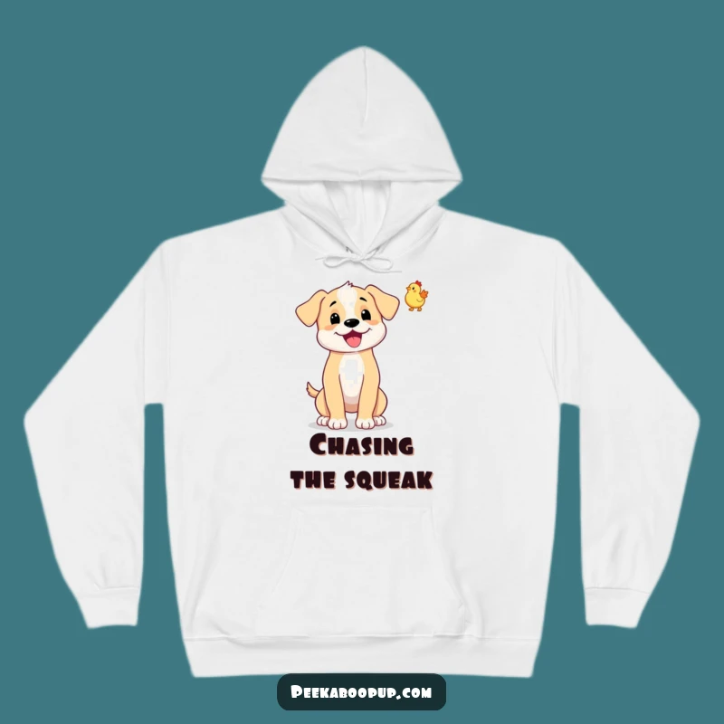 Funny Puppy Rubber Chicken Toss Hoodie - Cozy Playful Dog Lover Gift