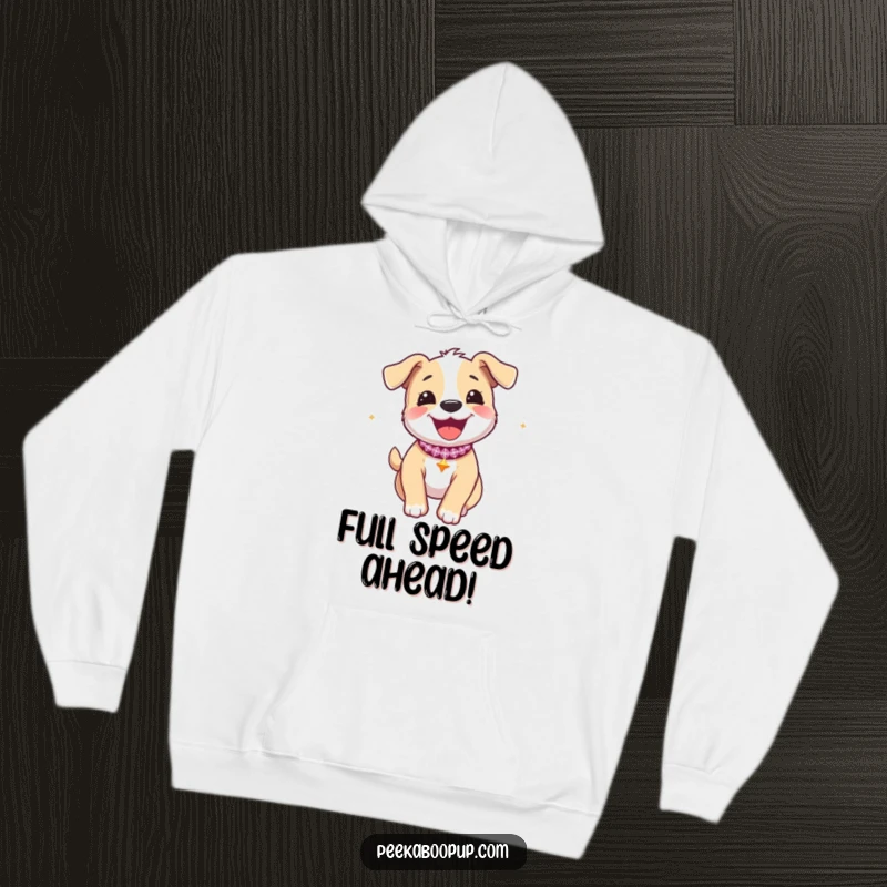 Funny hoodie with a joyous puppy wearing a sparkly collar, captured mid-zoomie. Ideal for comfort and fun.