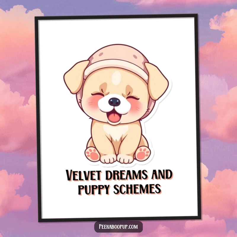 Funny Free Printable Wall Art showcasing a very sleepy puppy wearing a tiny velvet hat, caught in an adorable yawn.