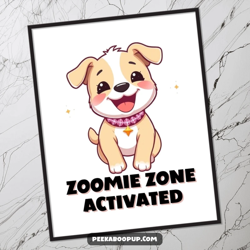 Funny Free Printable Wall Art of a happy, energetic puppy with a sparkly collar doing a playful zoomie, full of life.