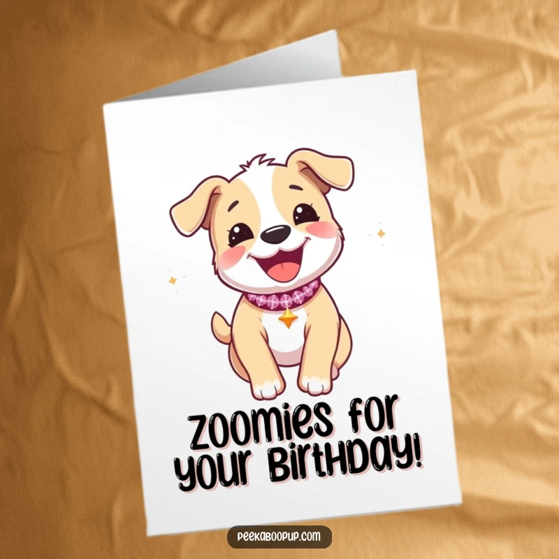 Funny Free Printable Birthday Card depicting a joyous puppy with a sparkly collar mid-zoomie, full of happy, energetic motion.