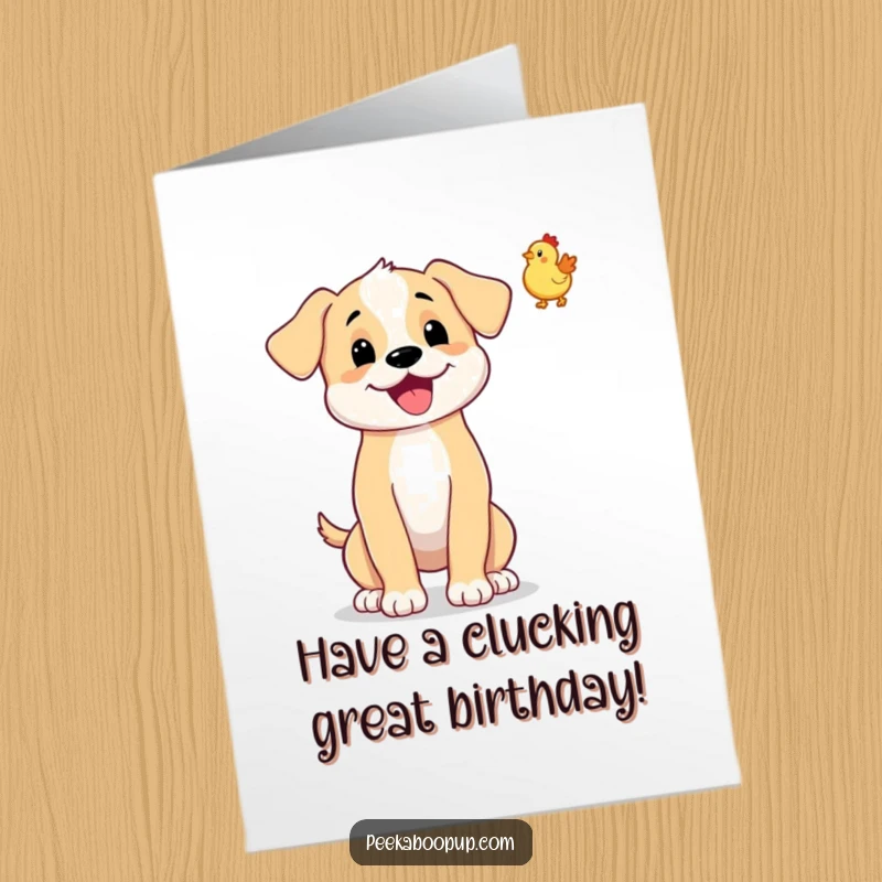 Funny Free Printable Birthday Card: A happy puppy mid-toss with a tiny rubber chicken, wagging its tail with playful anticipation.