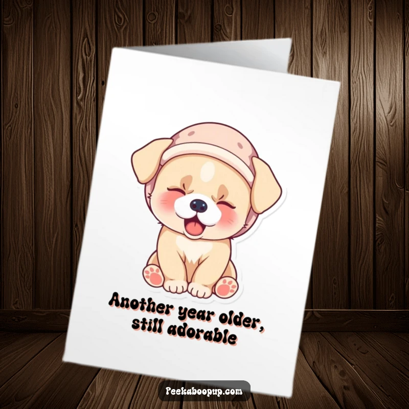 Funny Free Printable Birthday Card of a sleepy puppy wearing a tiny velvet hat, yawning widely with adorable exhaustion.