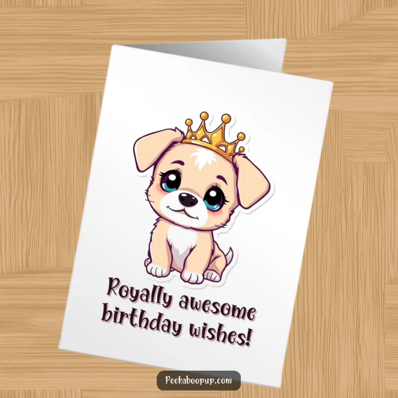 Funny Free Printable Birthday Card featuring a curious puppy wearing a golden tiara, tilting its head with wide, wondering eyes.