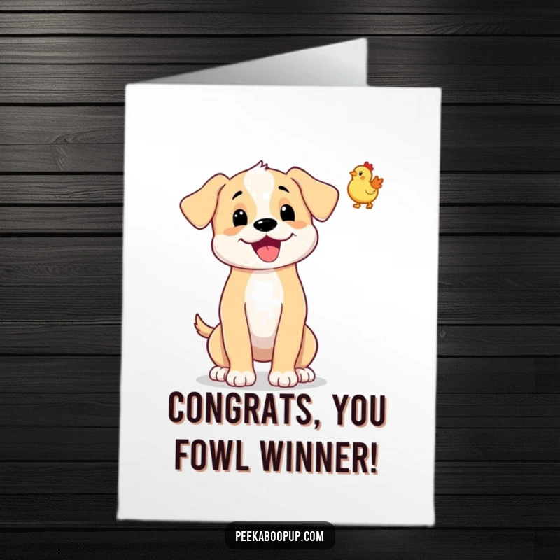 Funny Free Printable Congratulations Card depicting a puppy tossing a tiny rubber chicken, tail wagging, symbolizing pure playful triumph.