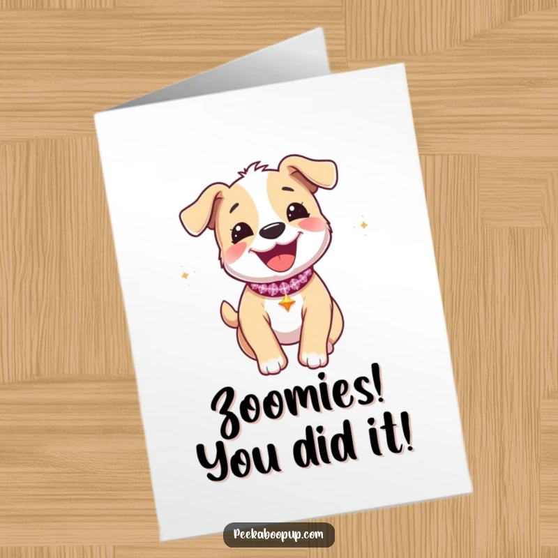 Funny Free Printable Congratulations Card showing a happy puppy with a sparkly collar in a full zoomie, radiating pure delight.