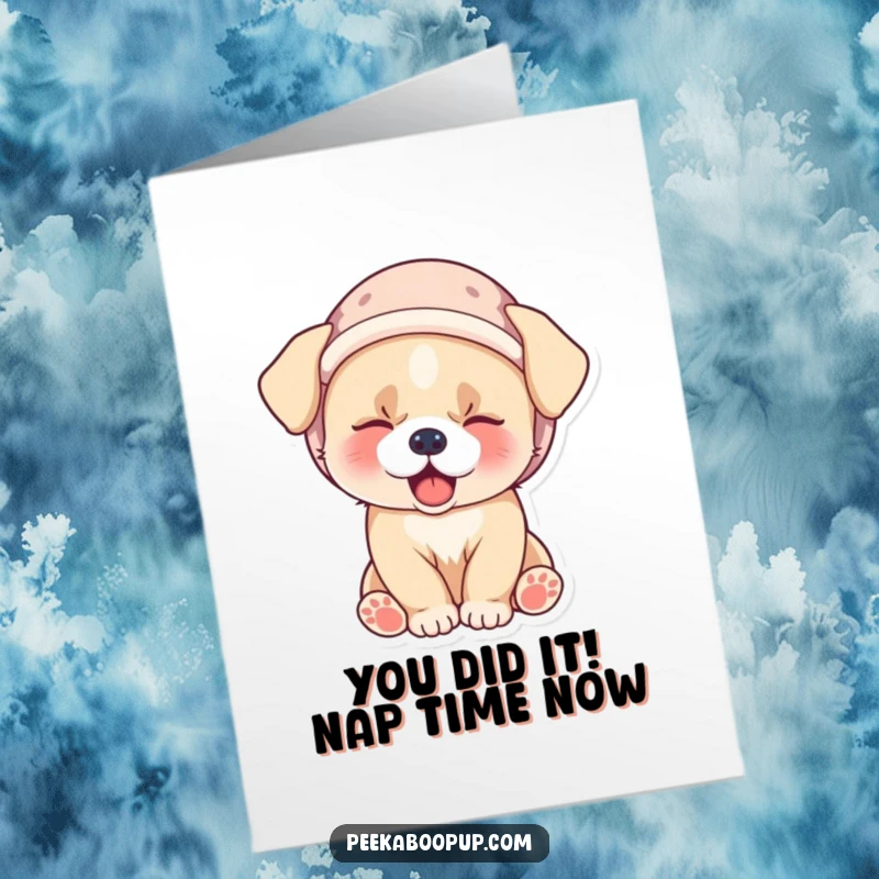 Free Printable Congratulations Card featuring a drowsy puppy in a small velvet hat, letting out a big, cute yawn in celebration.