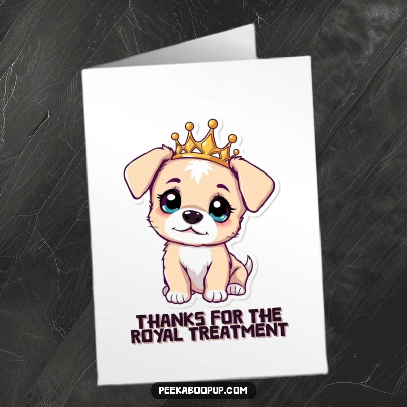 Funny Free Printable Thank You Card featuring a curious puppy in a small tiara, tilting its head with big, appreciative eyes.