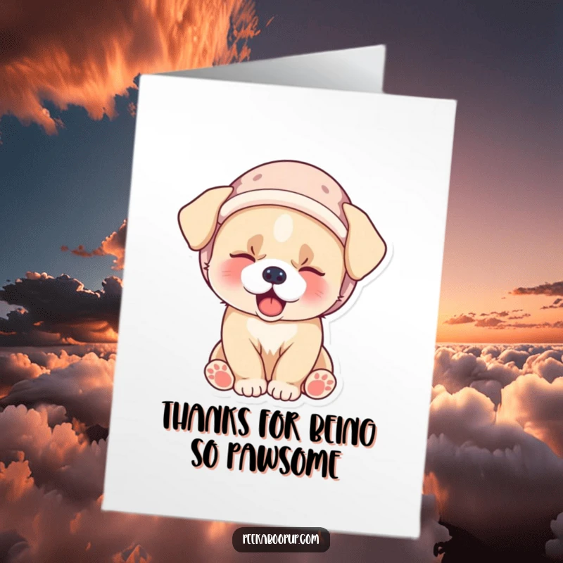 Funny Free Printable Thank You Card of a sleepy puppy in a velvet hat, yawning adorably as a gesture of thanks.