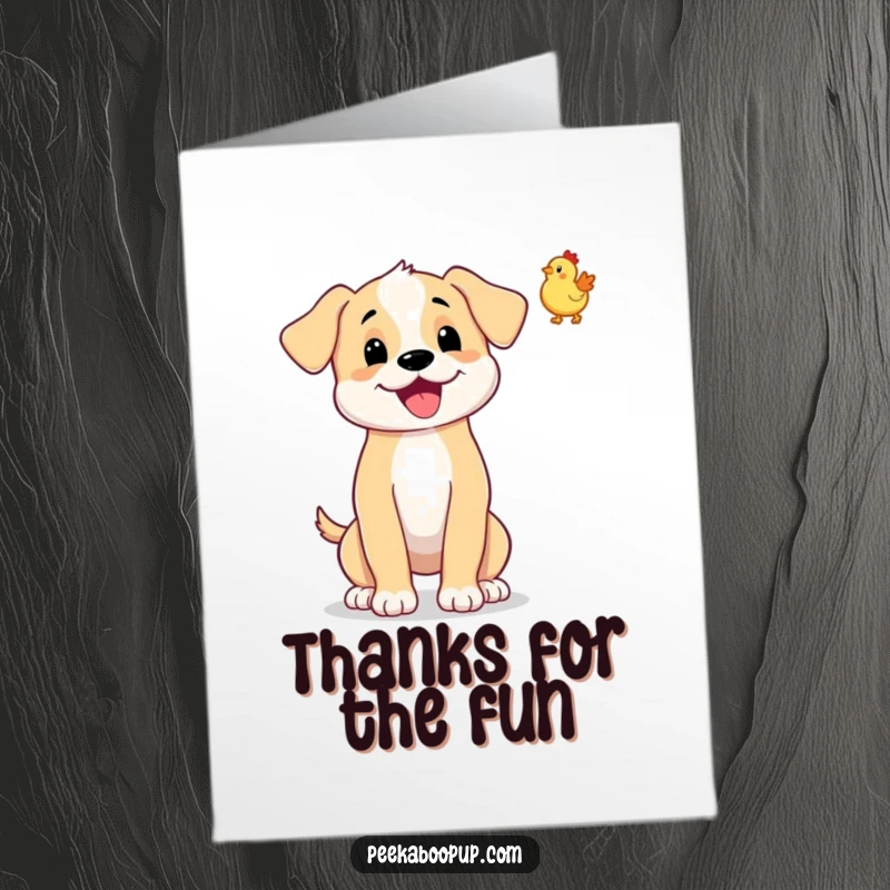 Funny Free Printable Thank You Card of a wagging puppy mid-air tossing a tiny rubber chicken, full of playful energy.