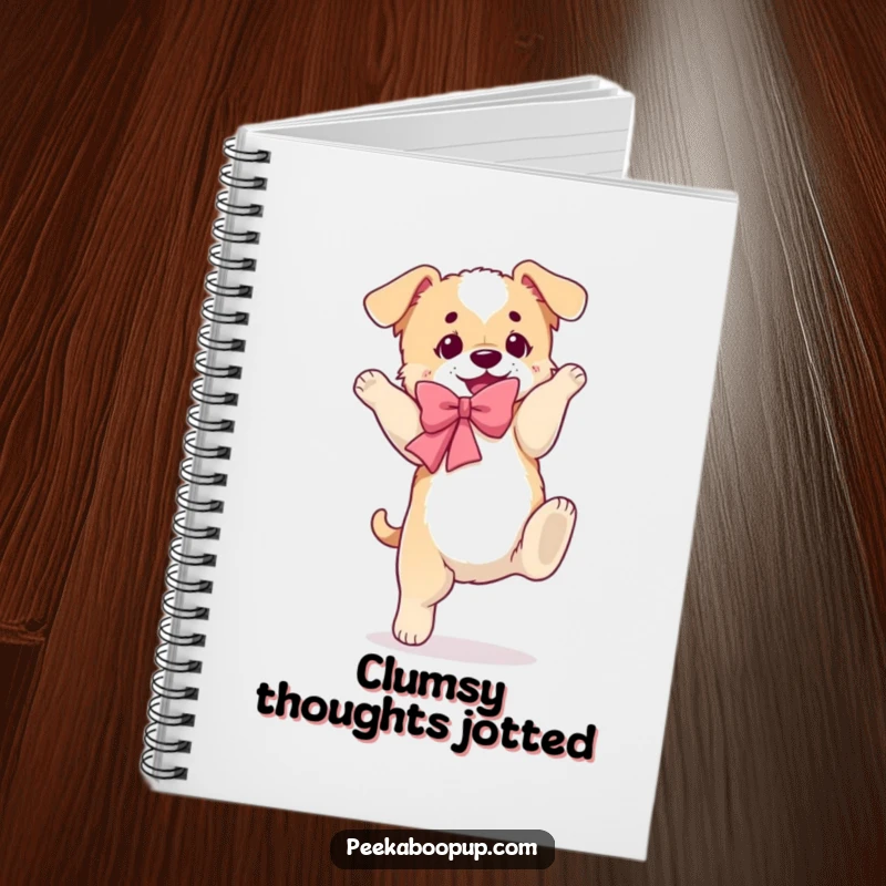 Funny notebook featuring a puppy with a fluffy bow, performing a clumsy somersault. Ideal for notes.