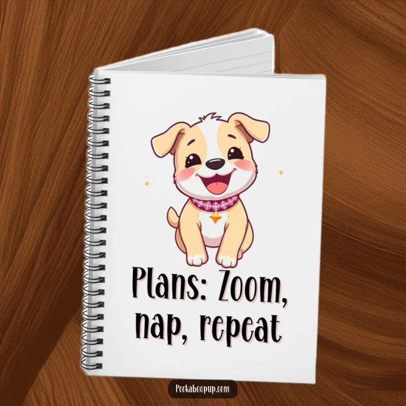 Funny notebook featuring a joyous puppy running a zoomie, adorned with a sparkly collar.