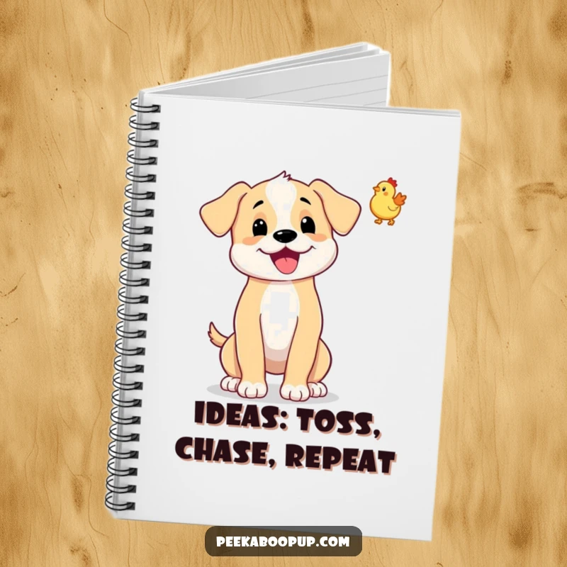 Funny notebook featuring a wagging puppy tossing a tiny rubber chicken. Ideal for notes and ideas.