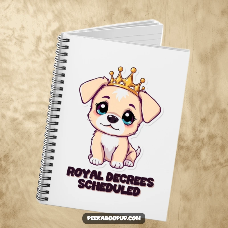 Funny notebook featuring a curious puppy wearing a tiara, perfect for jotting down notes and ideas.
