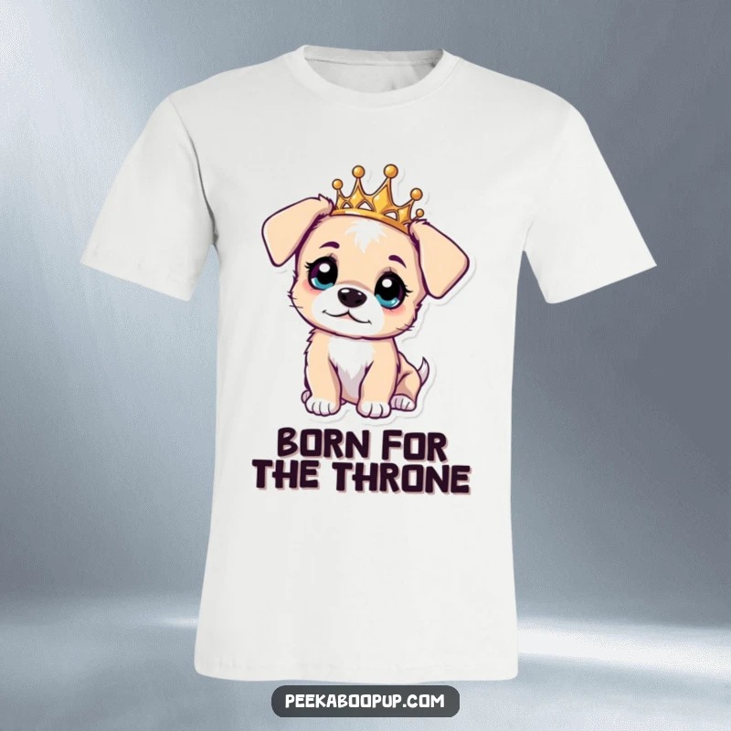 Funny t-shirt with a curious puppy adorning a sparkly tiara, looking up with big, questioning eyes.