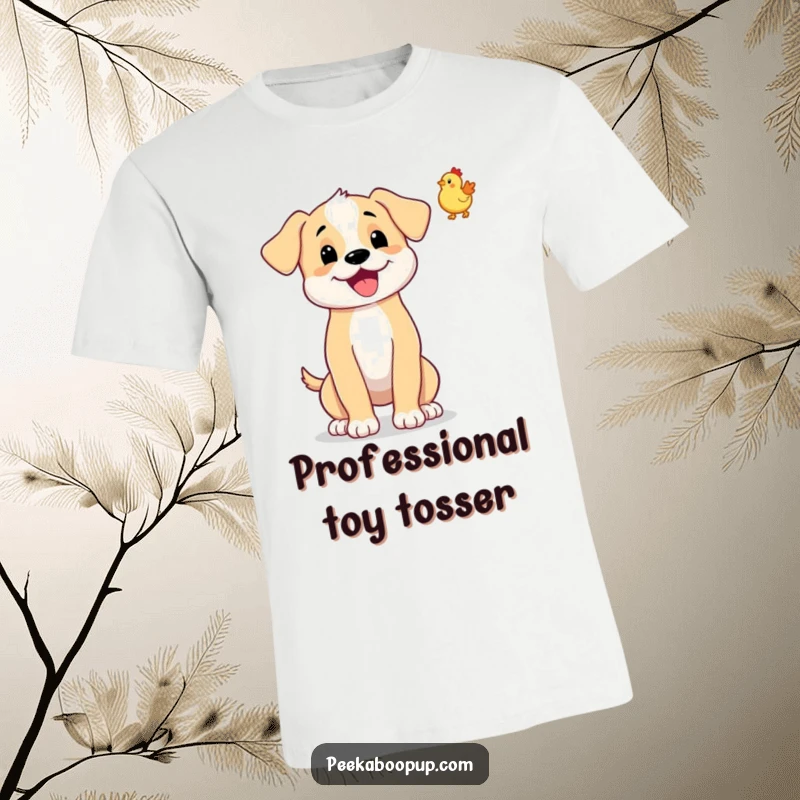 Funny t-shirt with a wagging puppy mid-air tossing a tiny rubber chicken. Great for dog lovers.