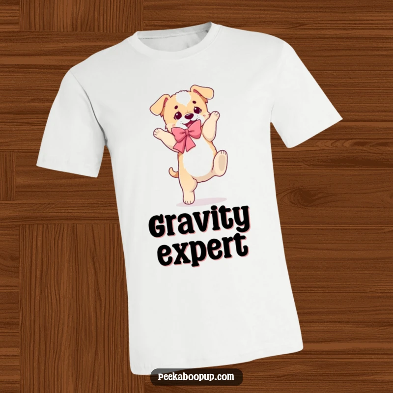 Funny t-shirt with a puppy wearing a fluffy bow, mid-somersault with a comical, clumsy expression.