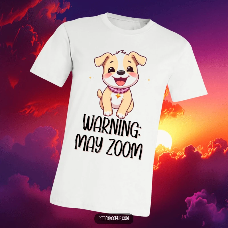 Funny t-shirt featuring a happy puppy in a sparkly collar, bursting with energy during a zoomie.