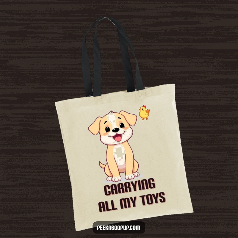 Funny tote bag showing a wagging puppy tossing a tiny rubber chicken high in the air.